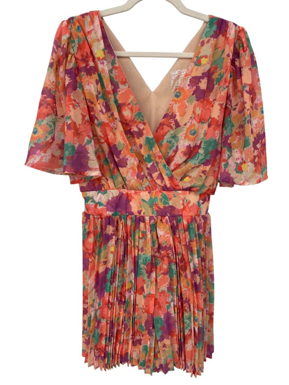 Flying Tomato Romper Large Floral Pleated V-Neck Smocked Waist Watercolor Boho